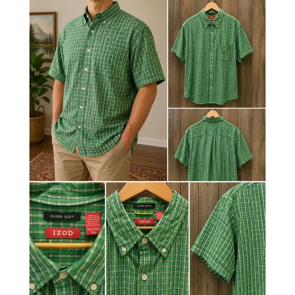 IZOD Super Soft Men's 2XL Green Plaid Short Sleeve Button Front Shirt Cotton...